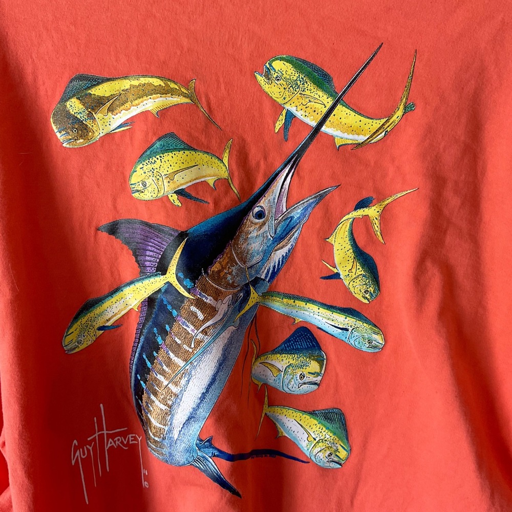 Guy Harvey Mens XXL Orange Long Sleeve Marlin Mahi Mahi Graphic Fishing T-Shirt